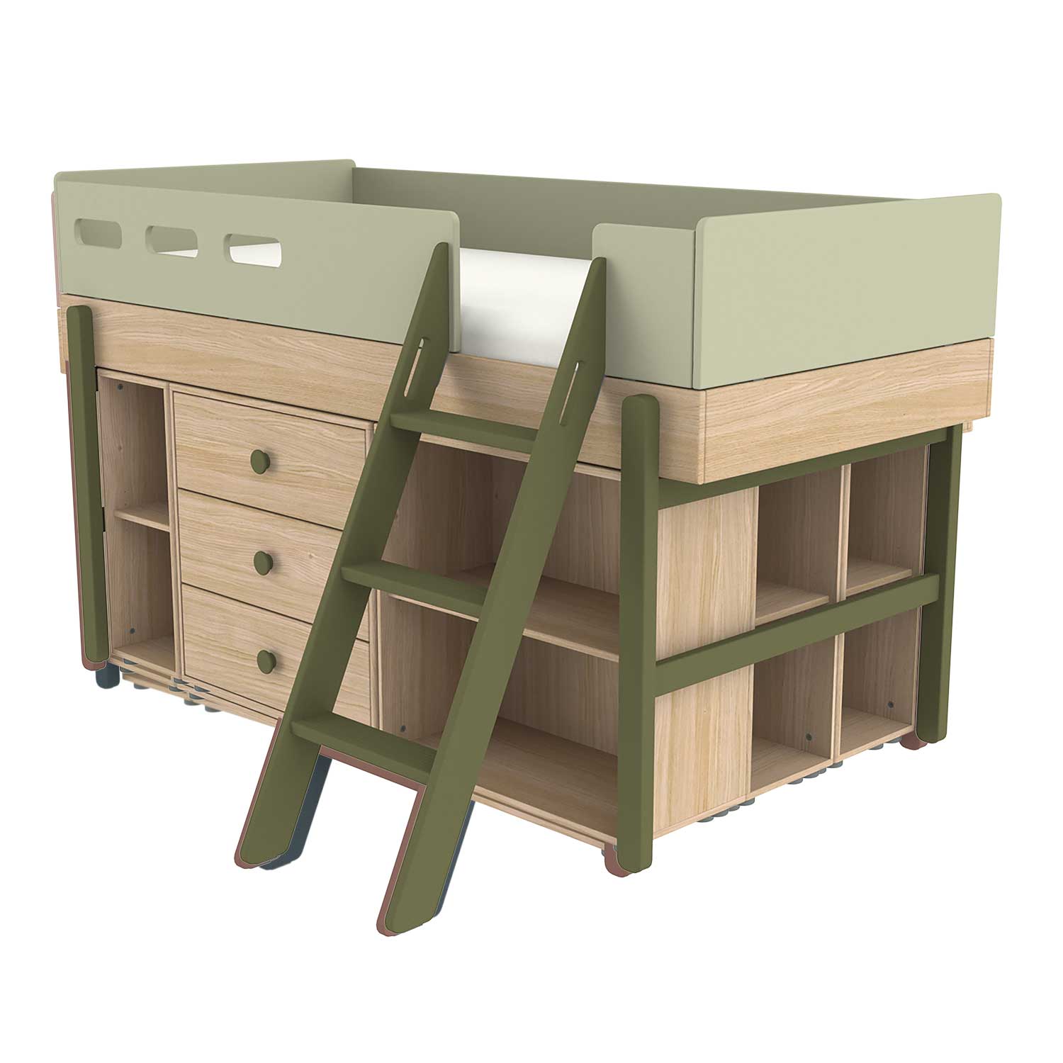 Mexico Æble Flagermus FLEXA Popsicle mid-high bed with ladder and storage Oak/Kiwi 90x200 cm –  Engel & Bengel Onlineshop