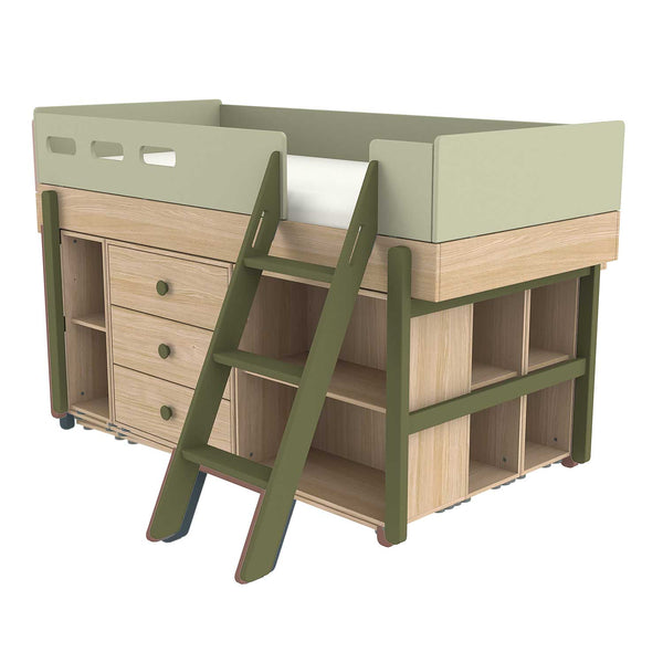 FLEXA Popsicle mid-high bed with ladder and storage Oak/Kiwi 90x200 cm