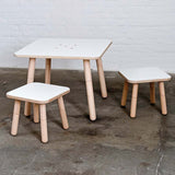 Growing Table Square in a set table and two stools in white birch