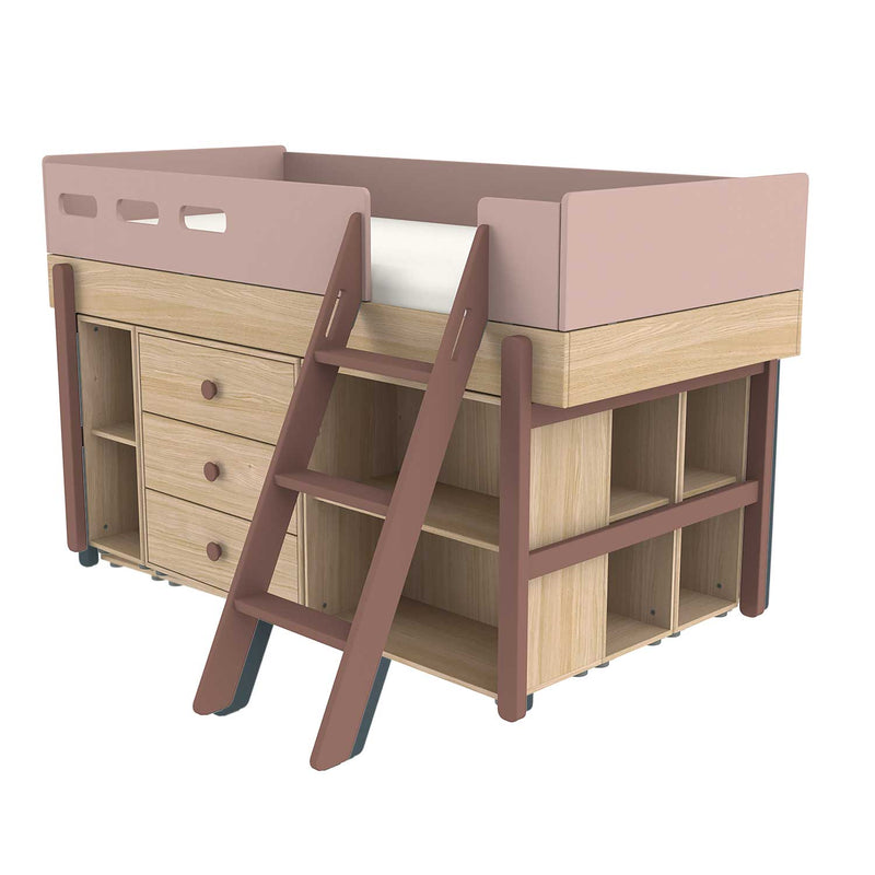 FLEXA Popsicle mid-high bed with ladder and storage Oak/Cherry 90x200 cm